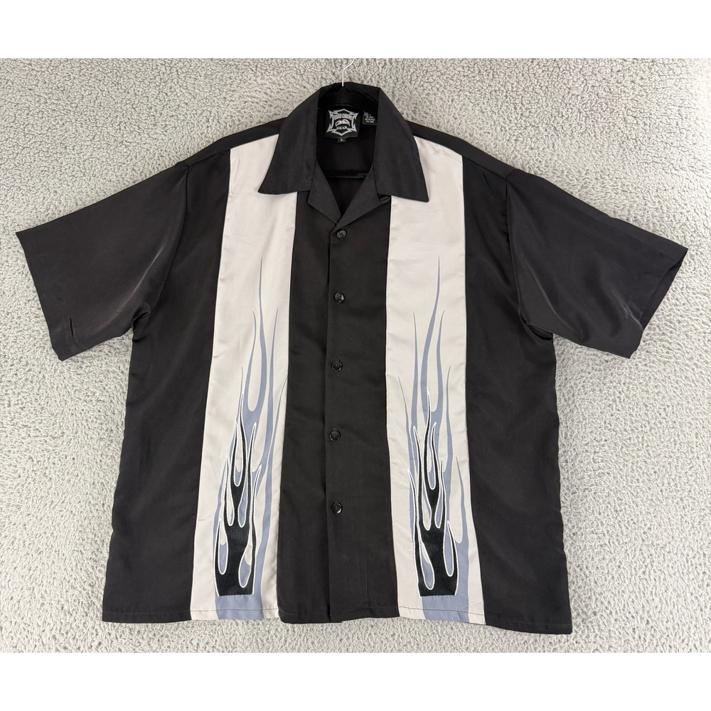 Hard Chrome Gear Bowling Shirt Mens Large Black Flame Graphic Rockabilly‎ Biker